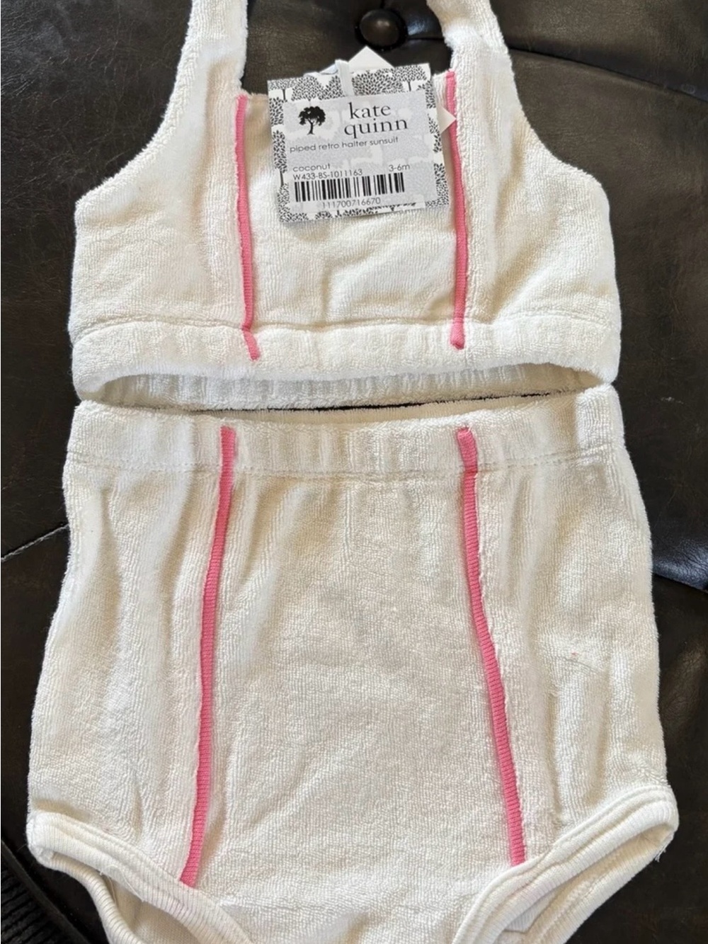 Kate Quinn-Coconut/PiNK Piped halter retro towel-terrycloth 2-piece Sunsuit-Swim